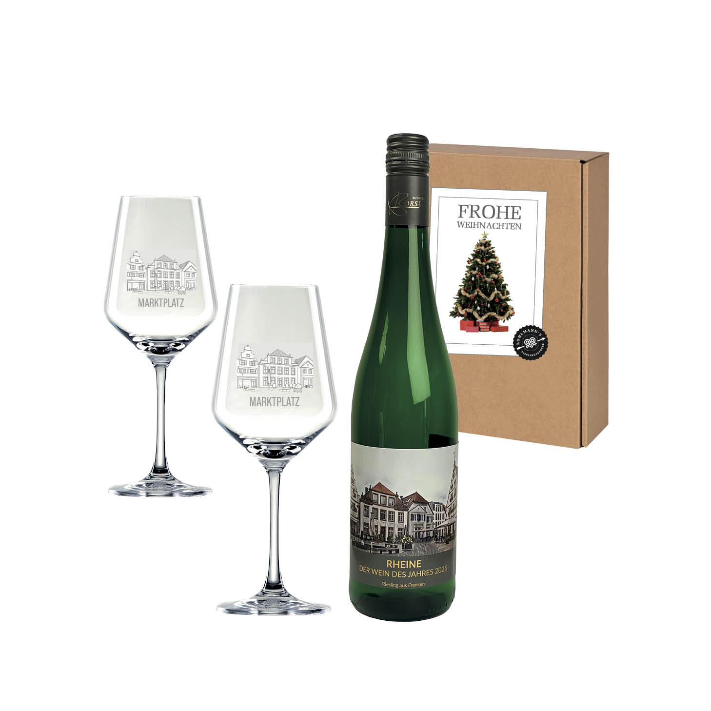 Geschenkset 3 "RHEINE - Der Wein des Jahres 2025" & 2 Weingläser mit der Prägung des Marktplatzes"
