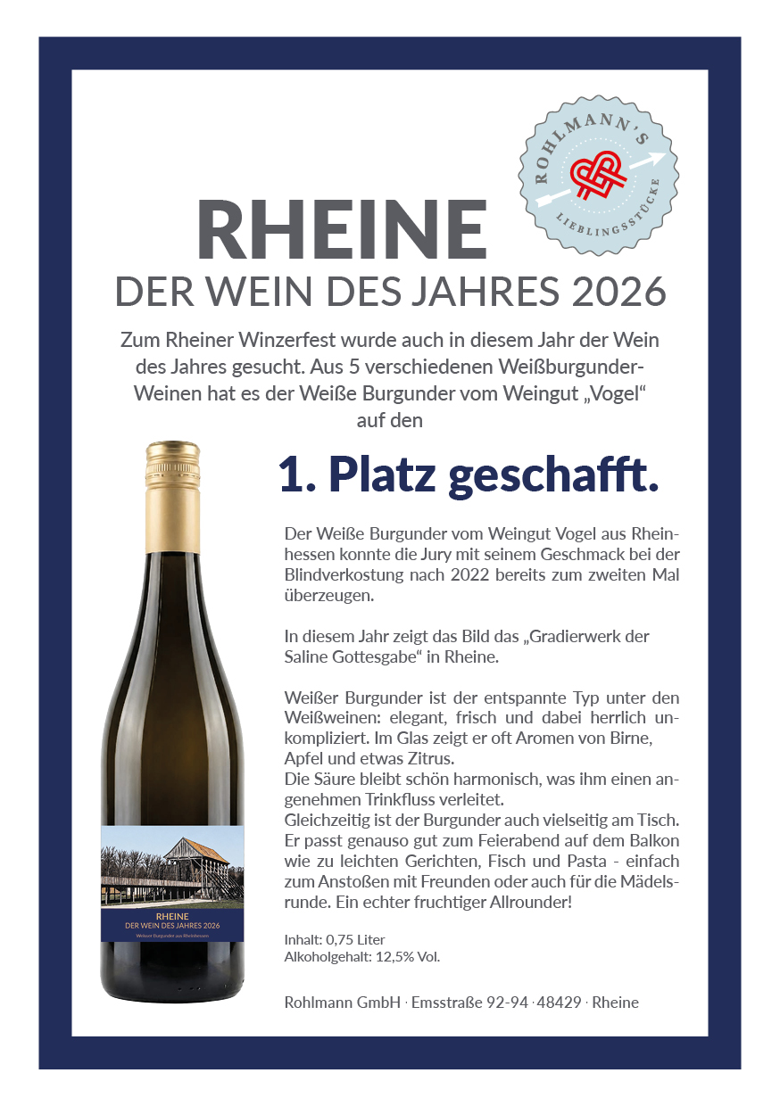 Weißwein "Rheine Wein des Jahres 2026" Weißer Burgunder 0,75l, 12,5% Vol.